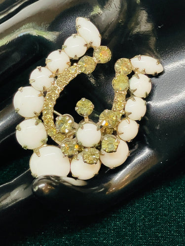 Milk Glass Rhinestone Horseshoe Brooch